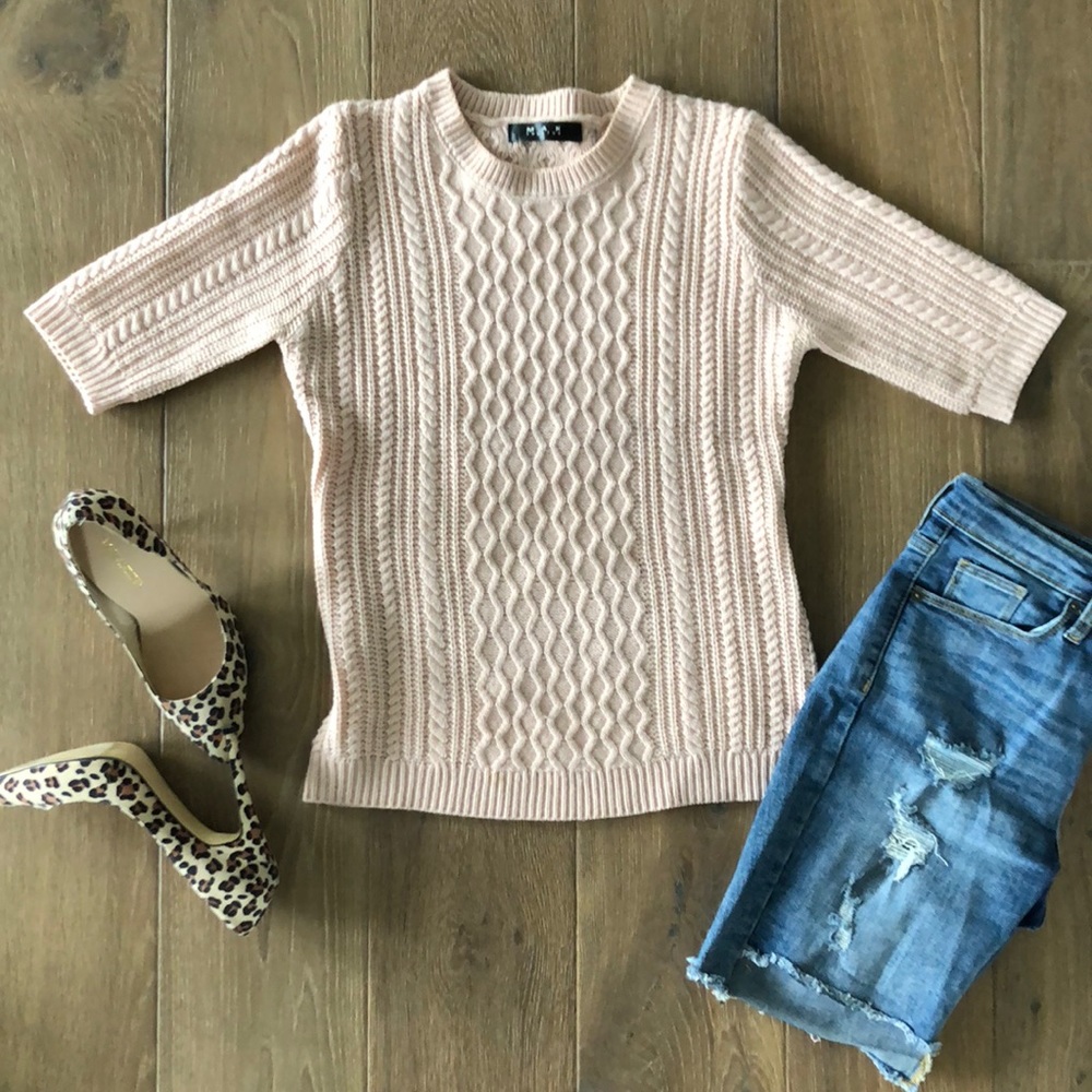 Blush rose pink 3/4 sleeve cable knit sweater M